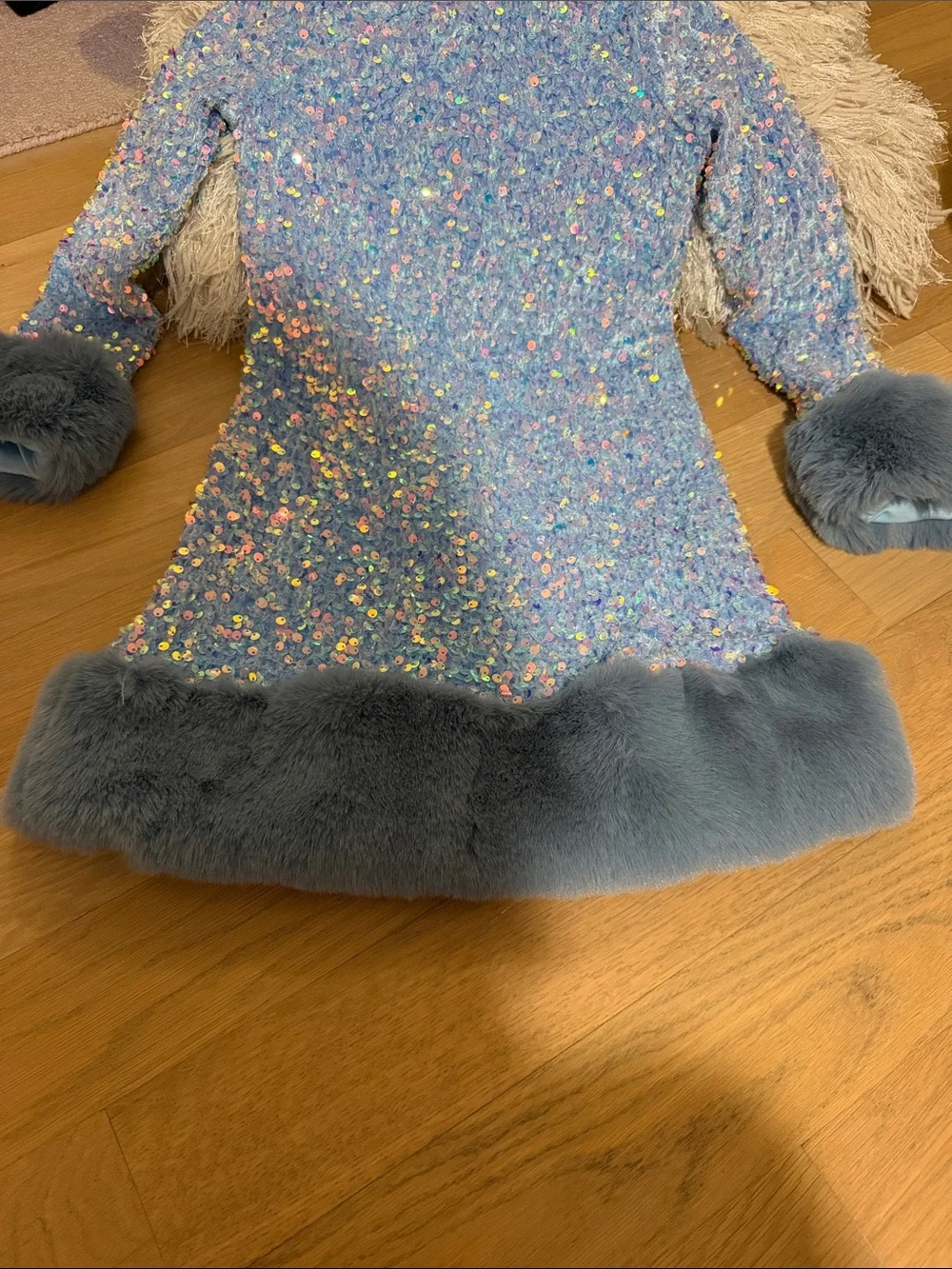 Lola + The Boys Blue Sequin and Faux-Fur Trim Dress